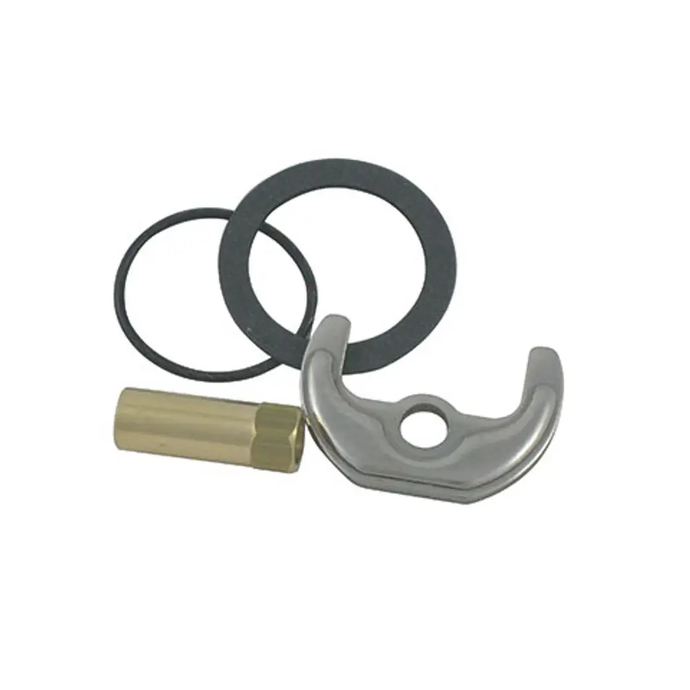 Kludi-Ersatzteilset mit einem metallischen Halteelement, einer bronzeartigen Stange und zwei schwarzen Dichtungen. Ideal für Reparaturen an Kludi-Armaturen.